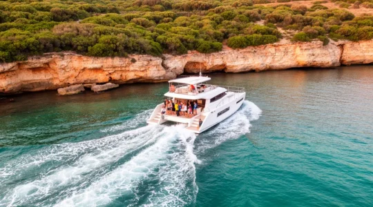 Catamaran blanc naviguant près des falaises calcaires de Corse avec eaux turquoise