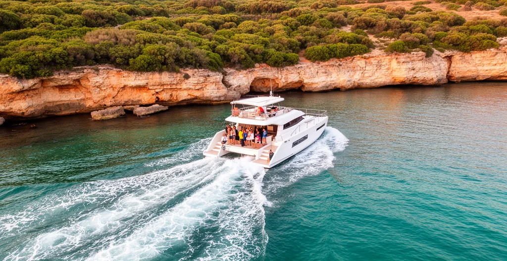 Catamaran blanc naviguant près des falaises calcaires de Corse avec eaux turquoise