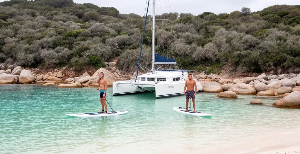 Deux personnes sur paddles dans crique aux eaux cristallines avec catamaran ancré en arrière-plan