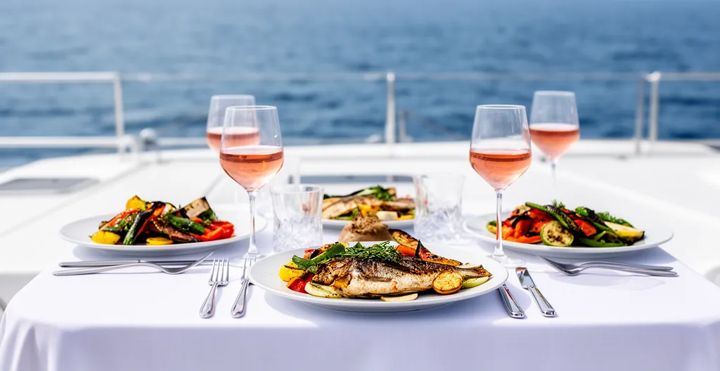 Table dressée sur pont de catamaran avec assiettes méditerranéennes colorées et verres de rosé